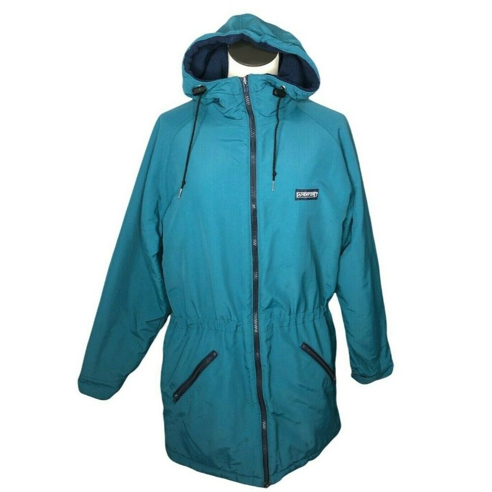 Lands End Coat Womens M Teal Hooded Parka Nylon Polyester Winter Jacket